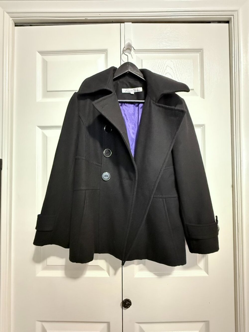 Kenneth Cole New York Black Wool Blend Pea Coat with Purple Lining